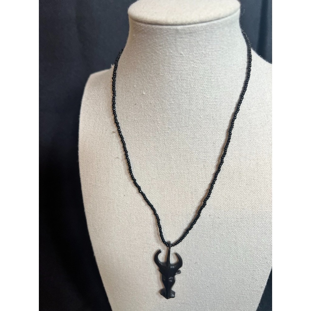 Hand Carved Tribal Mask Pendant Necklace Black Seed Beads Ethnographic Primitive